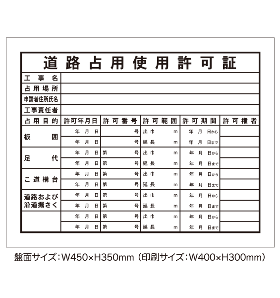 法令登録票 道路占用使用許可証